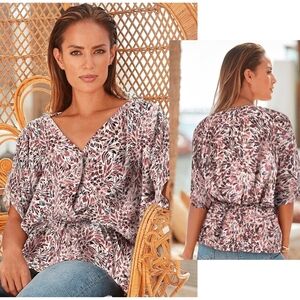 LASCANA Nwt Floral Print Dolman Sleeve Surplice Front Blouse, Elastic Waist, 2X